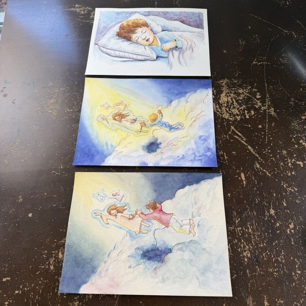 3 Original Watercolor Paintings Sleeping Child Angels Flying Clouds Unsigned